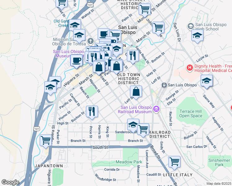 map of restaurants, bars, coffee shops, grocery stores, and more near 1516 Broad Street in San Luis Obispo