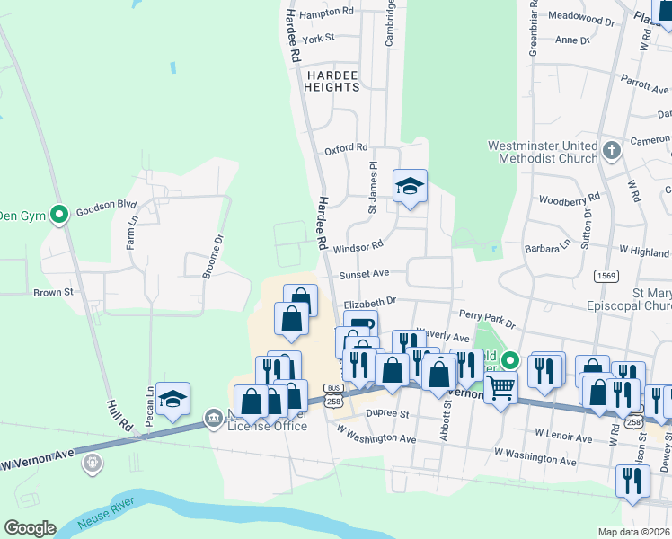 map of restaurants, bars, coffee shops, grocery stores, and more near 1805 Sunset Avenue in Kinston