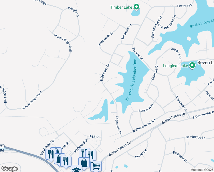 map of restaurants, bars, coffee shops, grocery stores, and more near Edgewater Place in Pinehurst