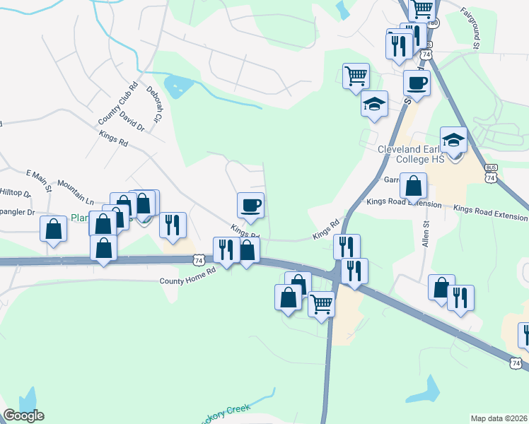 map of restaurants, bars, coffee shops, grocery stores, and more near 100 Abbington Ln in Shelby