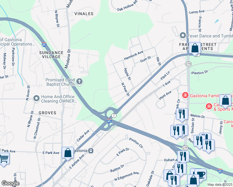 map of restaurants, bars, coffee shops, grocery stores, and more near 1610 Cole Street in Gastonia