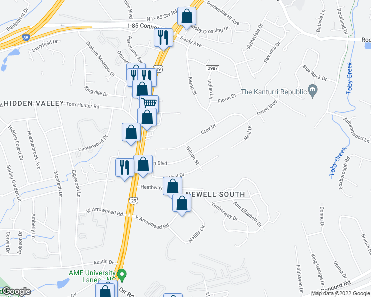 map of restaurants, bars, coffee shops, grocery stores, and more near 6425 Wilson Street in Charlotte