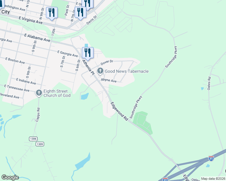 map of restaurants, bars, coffee shops, grocery stores, and more near 805 Edgewood Road in Bessemer City