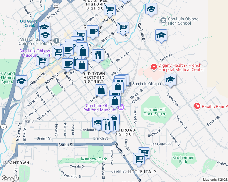 map of restaurants, bars, coffee shops, grocery stores, and more near 972 Church Street in San Luis Obispo