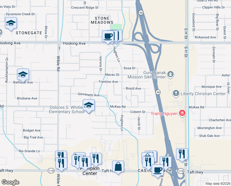map of restaurants, bars, coffee shops, grocery stores, and more near 2512 Tocantins Street in Bakersfield