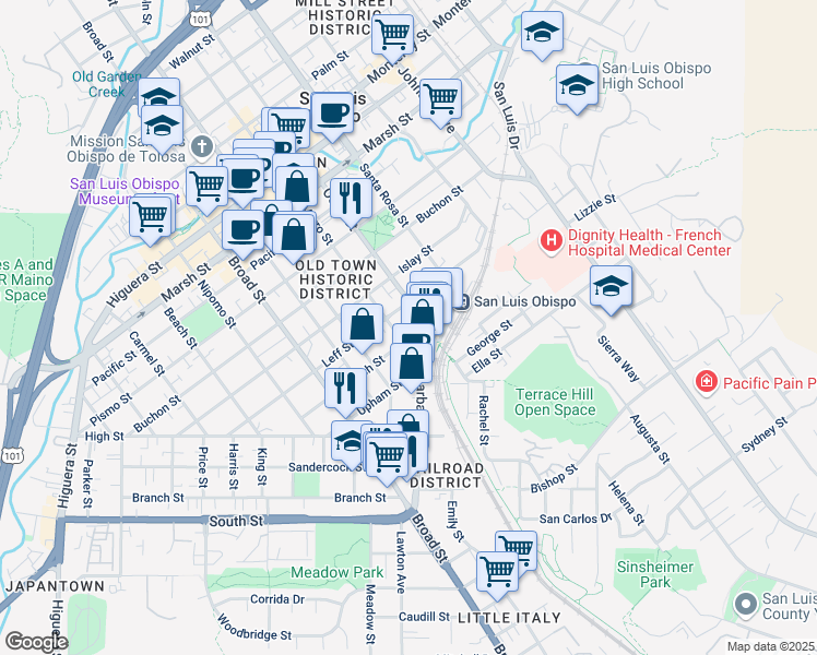 map of restaurants, bars, coffee shops, grocery stores, and more near 1763 Santa Barbara Avenue in San Luis Obispo