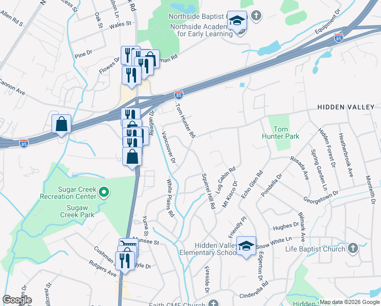 map of restaurants, bars, coffee shops, grocery stores, and more near 1138 White Plains Road in Charlotte