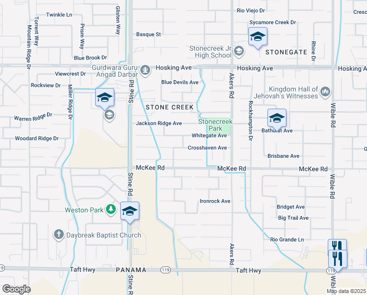 map of restaurants, bars, coffee shops, grocery stores, and more near 4410 Crosshaven Avenue in Bakersfield