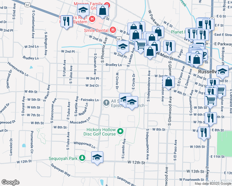 map of restaurants, bars, coffee shops, grocery stores, and more near 312 West Circle Drive in Russellville