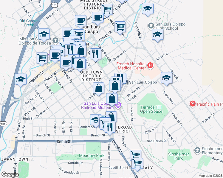 map of restaurants, bars, coffee shops, grocery stores, and more near 972 Church Street in San Luis Obispo