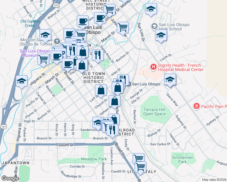 map of restaurants, bars, coffee shops, grocery stores, and more near 972 Church Street in San Luis Obispo