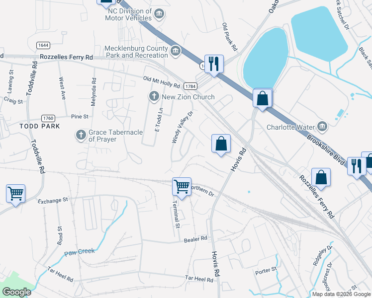 map of restaurants, bars, coffee shops, grocery stores, and more near 4643 Palm Breeze Lane in Charlotte