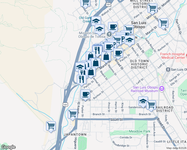 map of restaurants, bars, coffee shops, grocery stores, and more near 1224 Carmel Street in San Luis Obispo