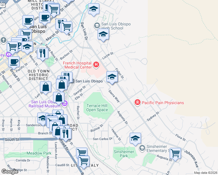 map of restaurants, bars, coffee shops, grocery stores, and more near 2053 Sierra Way in San Luis Obispo