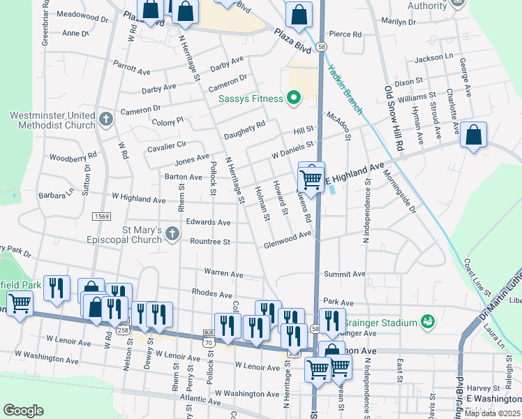 map of restaurants, bars, coffee shops, grocery stores, and more near 1322 Holman Street in Kinston