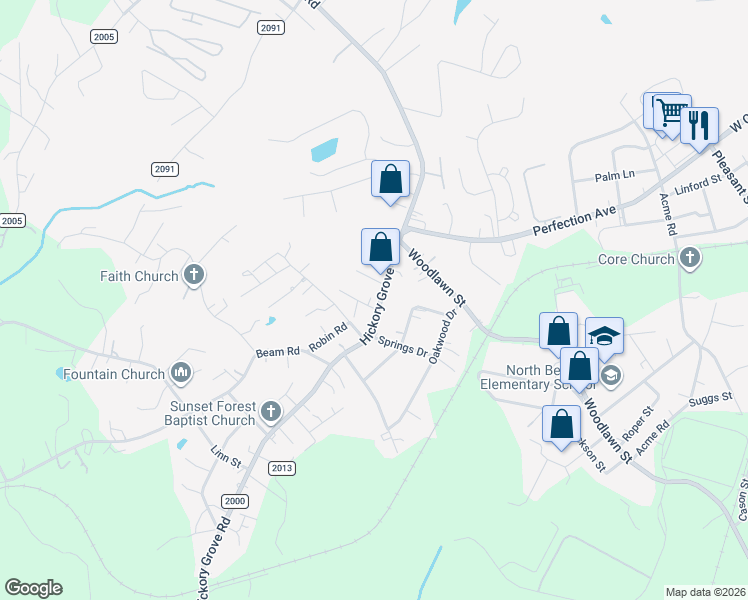 map of restaurants, bars, coffee shops, grocery stores, and more near 1401 Hickory Grove Road in Gastonia