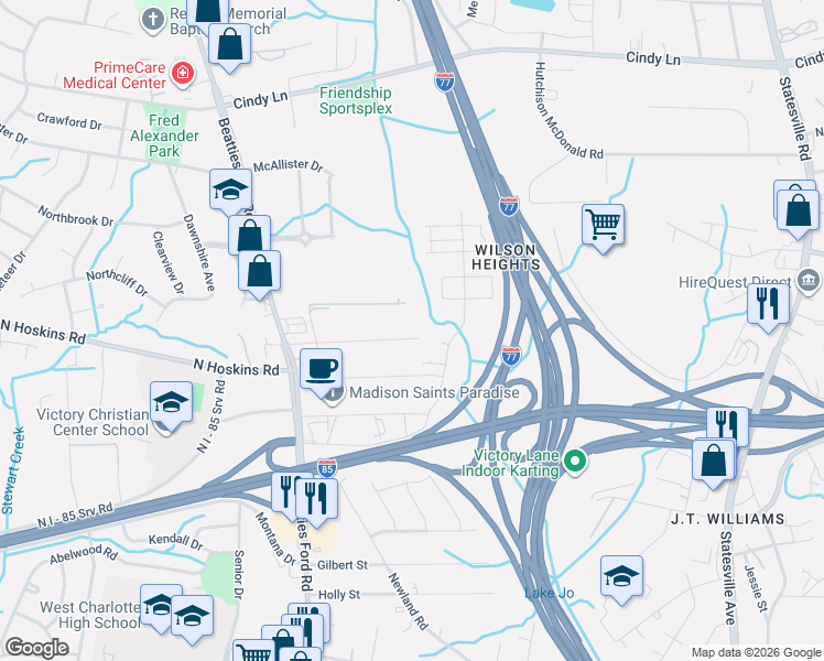 map of restaurants, bars, coffee shops, grocery stores, and more near 2004 B Avenue in Charlotte