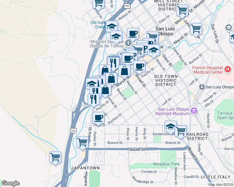 map of restaurants, bars, coffee shops, grocery stores, and more near 480 Pacific Street in San Luis Obispo
