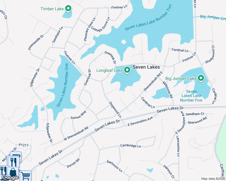 map of restaurants, bars, coffee shops, grocery stores, and more near Barberry Court in Seven Lakes