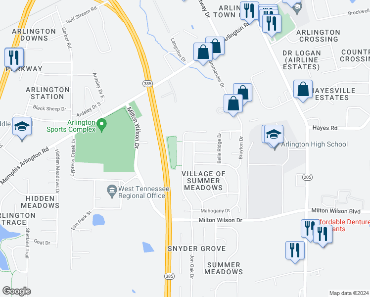 map of restaurants, bars, coffee shops, grocery stores, and more near 5480 Milton Ridge Drive in Arlington