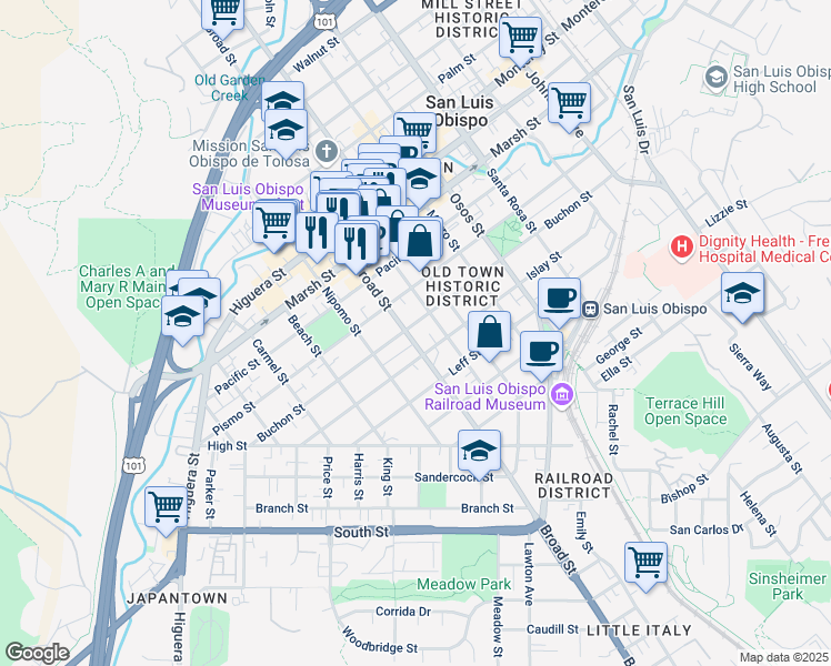 map of restaurants, bars, coffee shops, grocery stores, and more near 1510 Broad Street in San Luis Obispo
