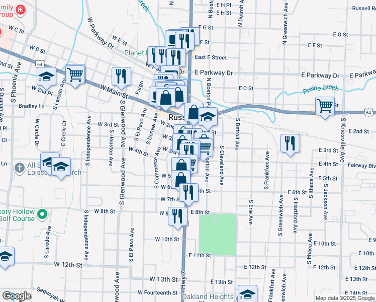map of restaurants, bars, coffee shops, grocery stores, and more near 326 Highway 7 in Russellville