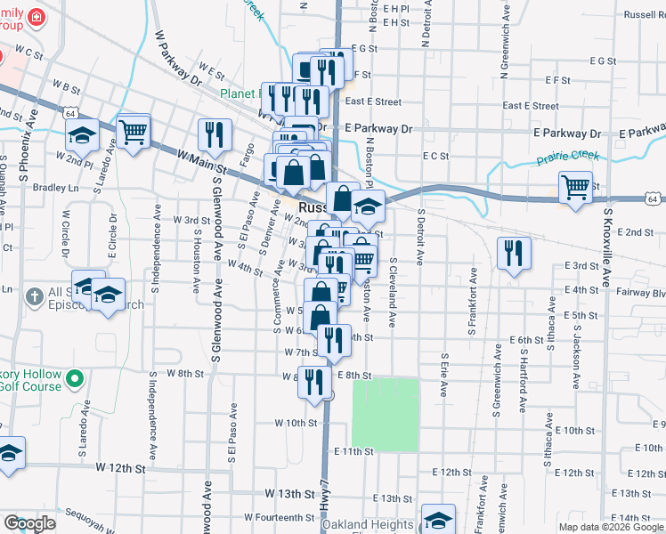 map of restaurants, bars, coffee shops, grocery stores, and more near 326 Highway 7 in Russellville
