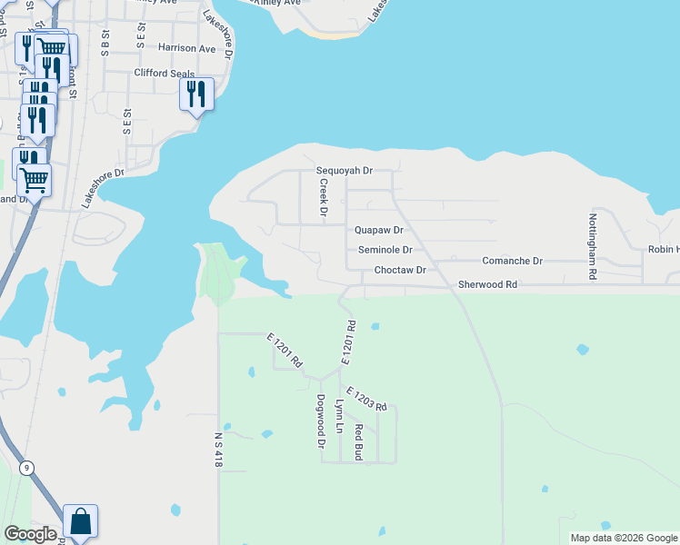 map of restaurants, bars, coffee shops, grocery stores, and more near 833 Shawnee Drive in Eufaula