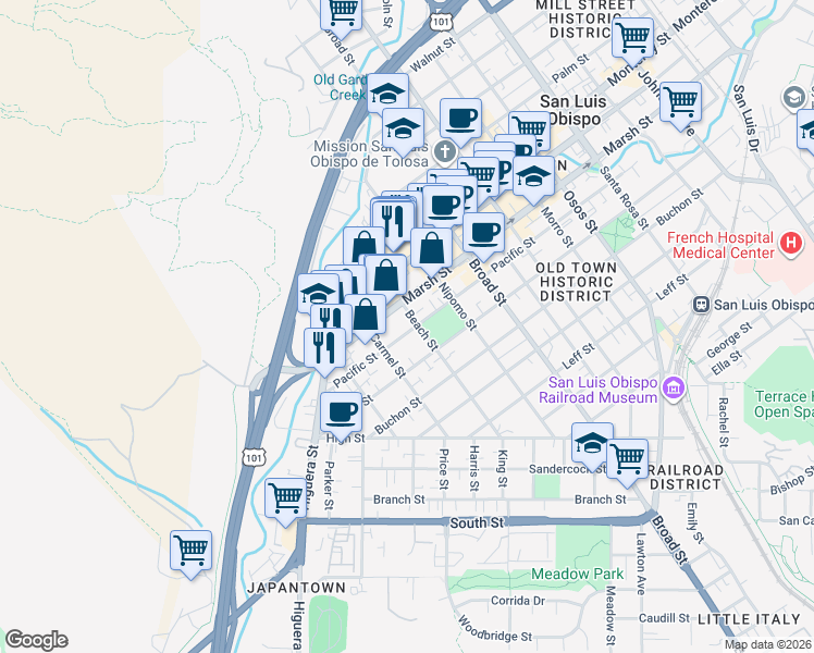 map of restaurants, bars, coffee shops, grocery stores, and more near 480 Pacific Street in San Luis Obispo