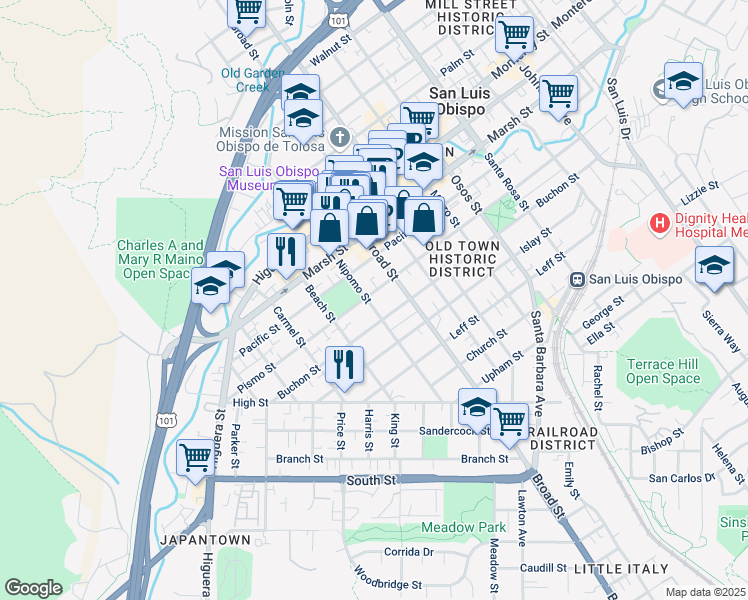 map of restaurants, bars, coffee shops, grocery stores, and more near 641 Pismo Street in San Luis Obispo