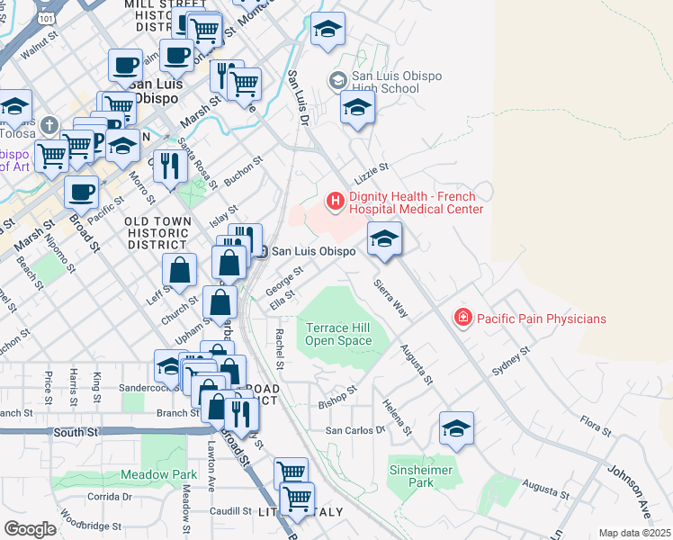 map of restaurants, bars, coffee shops, grocery stores, and more near 1230 Kristy Court in San Luis Obispo