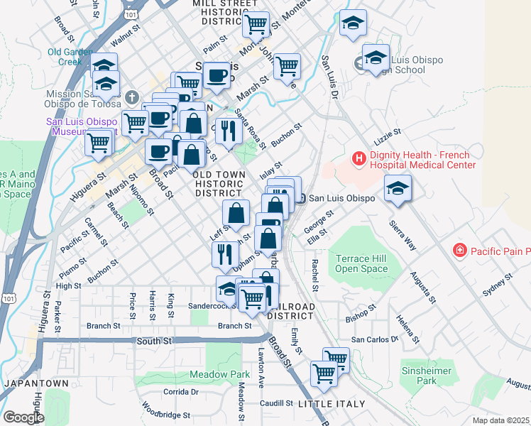 map of restaurants, bars, coffee shops, grocery stores, and more near 972 Church Street in San Luis Obispo