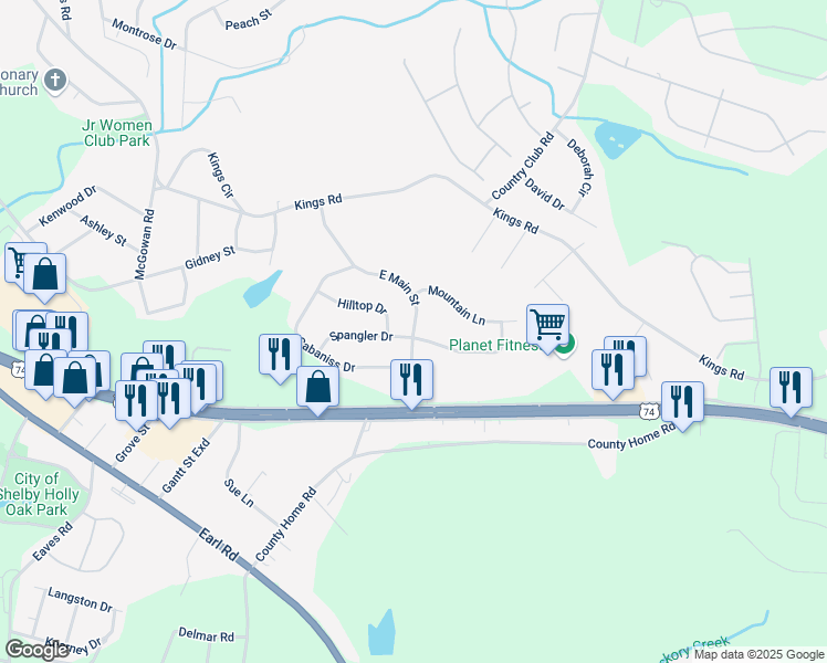 map of restaurants, bars, coffee shops, grocery stores, and more near 852 East Main Street in Shelby