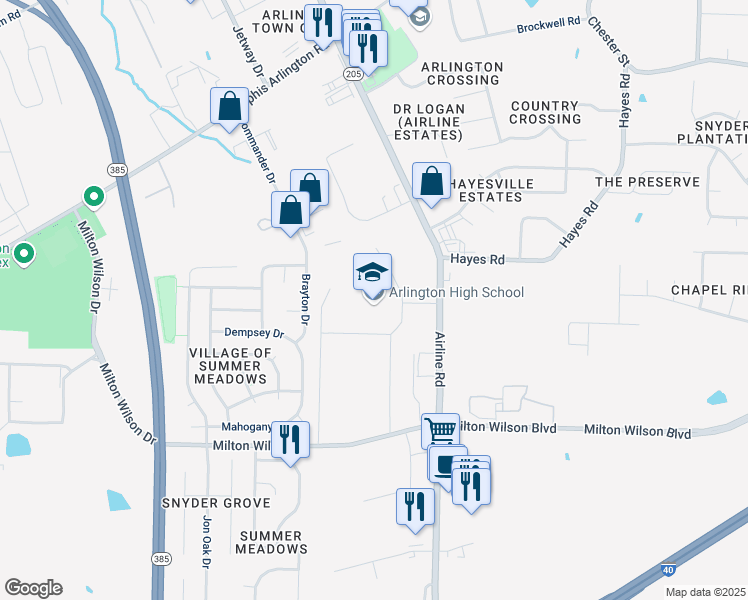 map of restaurants, bars, coffee shops, grocery stores, and more near 5475 Airline Road in Arlington