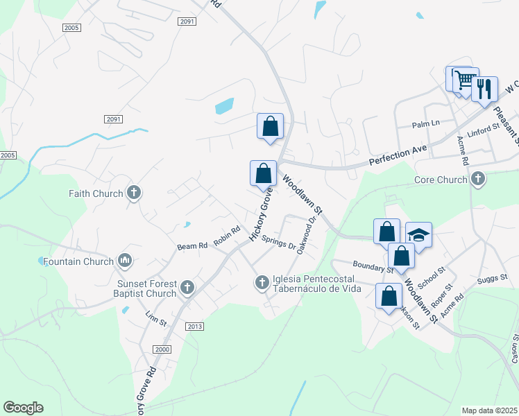 map of restaurants, bars, coffee shops, grocery stores, and more near 102 Springs Street in Gastonia