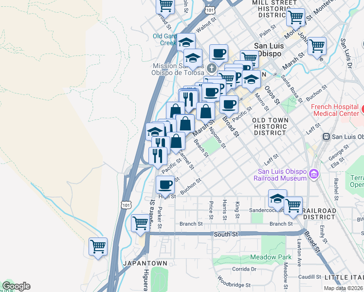 map of restaurants, bars, coffee shops, grocery stores, and more near 441 Marsh Street in San Luis Obispo