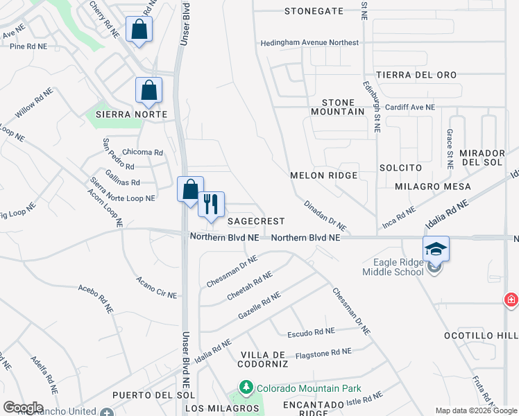 map of restaurants, bars, coffee shops, grocery stores, and more near 2101 Sagecrest Loop in Rio Rancho