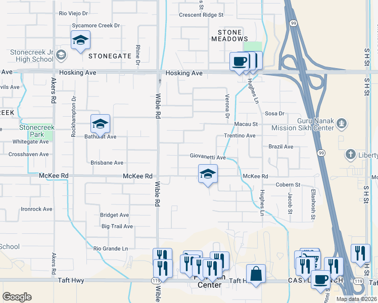 map of restaurants, bars, coffee shops, grocery stores, and more near 3010 Giovanetti Avenue in Bakersfield
