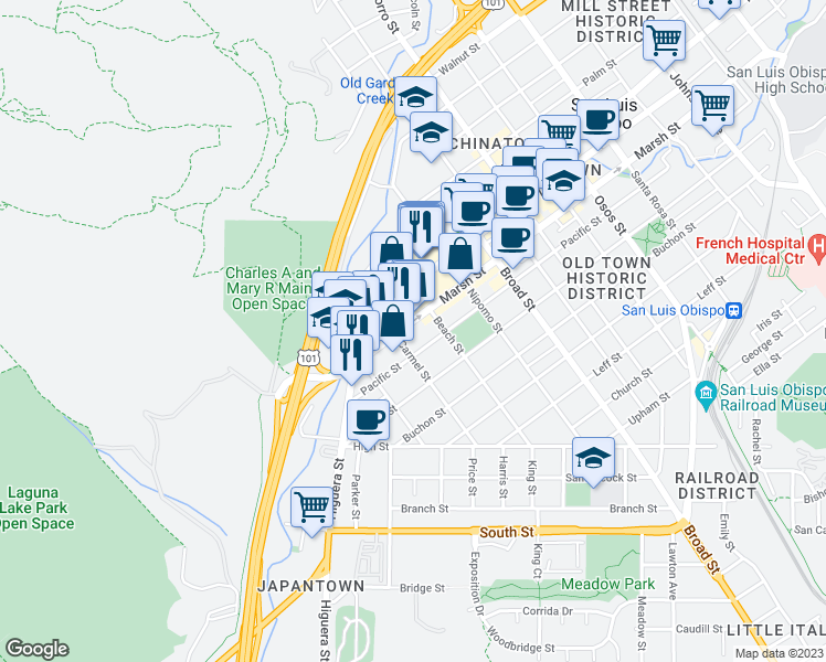 map of restaurants, bars, coffee shops, grocery stores, and more near 441 Marsh Street in San Luis Obispo