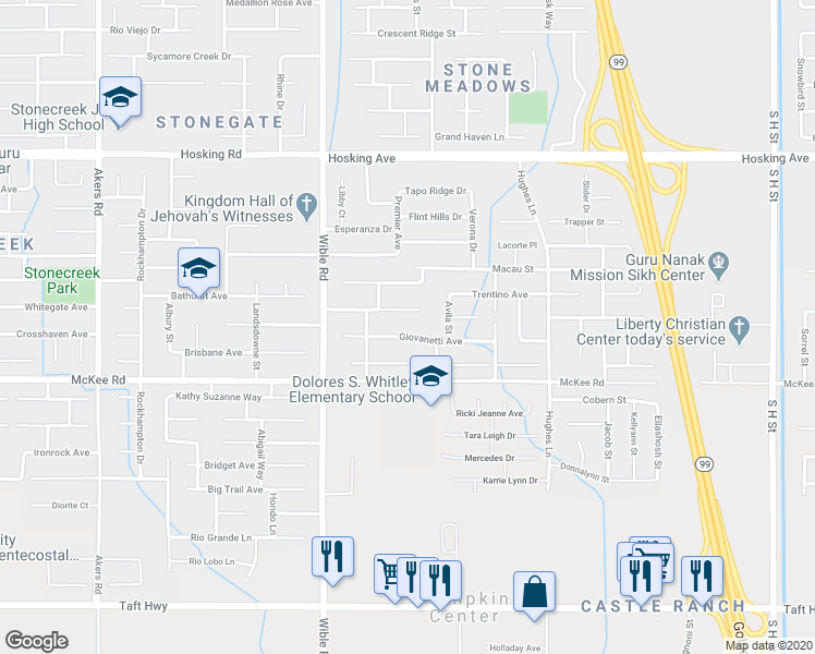 map of restaurants, bars, coffee shops, grocery stores, and more near 2916 Giovanetti Avenue in Bakersfield