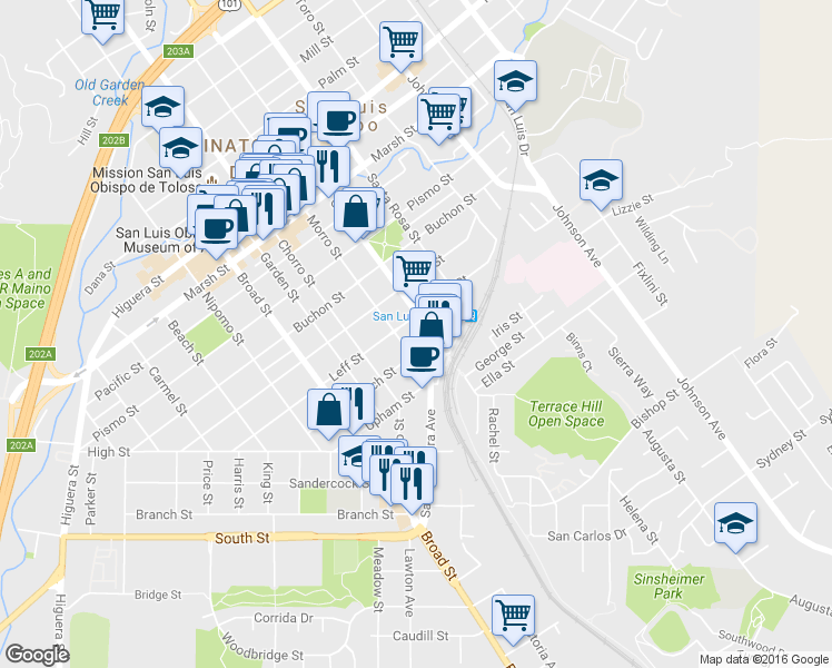 map of restaurants, bars, coffee shops, grocery stores, and more near 972 Church Street in San Luis Obispo