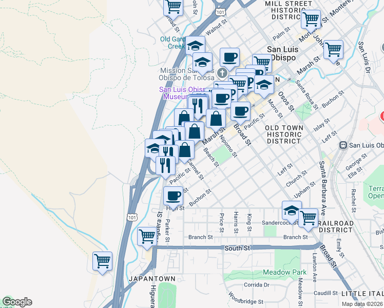 map of restaurants, bars, coffee shops, grocery stores, and more near 1224 Carmel Street in San Luis Obispo