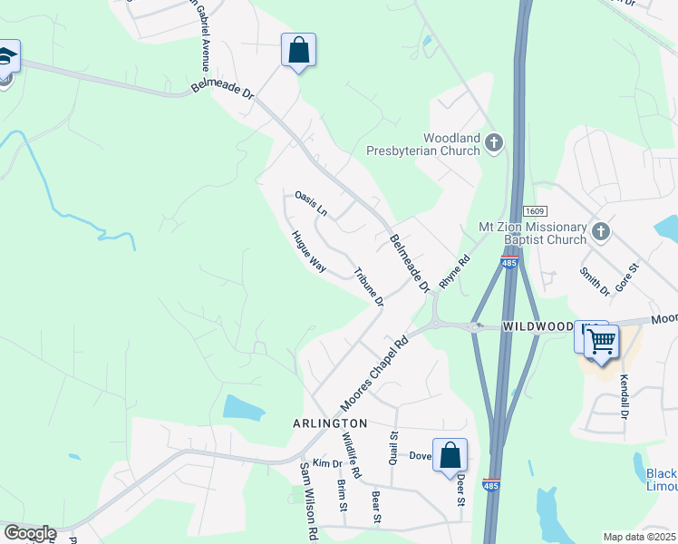 map of restaurants, bars, coffee shops, grocery stores, and more near 10238 Hugue Way in Charlotte