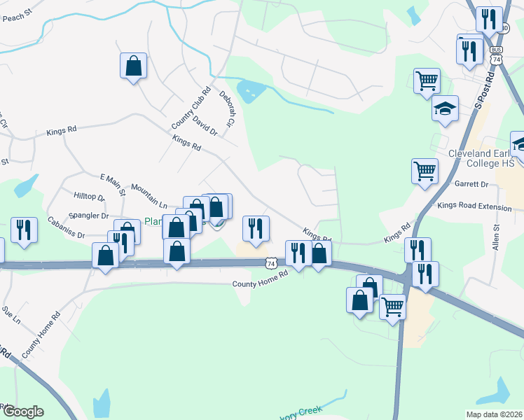 map of restaurants, bars, coffee shops, grocery stores, and more near 2014 Kings Road in Shelby