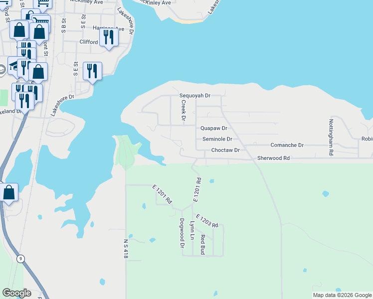 map of restaurants, bars, coffee shops, grocery stores, and more near 833 Shawnee Drive in Eufaula