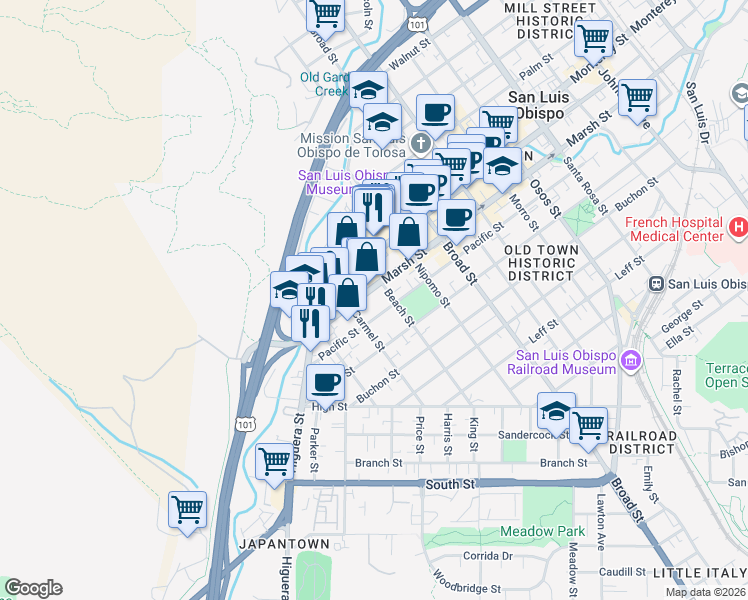 map of restaurants, bars, coffee shops, grocery stores, and more near 475 Marsh Street in San Luis Obispo