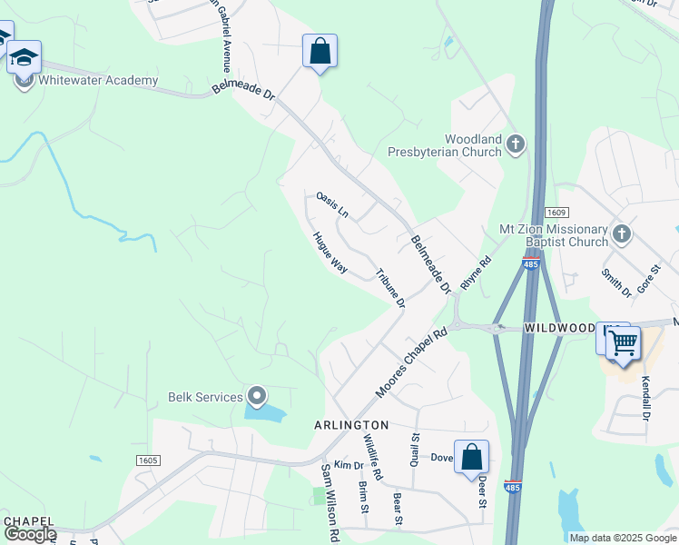 map of restaurants, bars, coffee shops, grocery stores, and more near 10307 Hugue Way in Charlotte