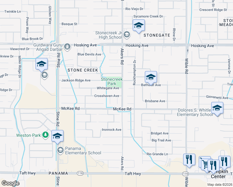 map of restaurants, bars, coffee shops, grocery stores, and more near 4202 Crosshaven Avenue in Bakersfield