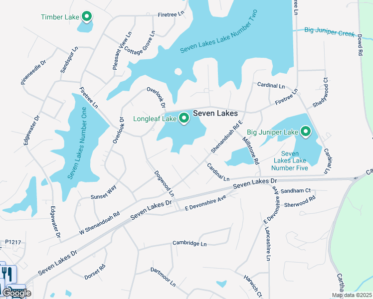 map of restaurants, bars, coffee shops, grocery stores, and more near Rolling Hill Court in Seven Lakes