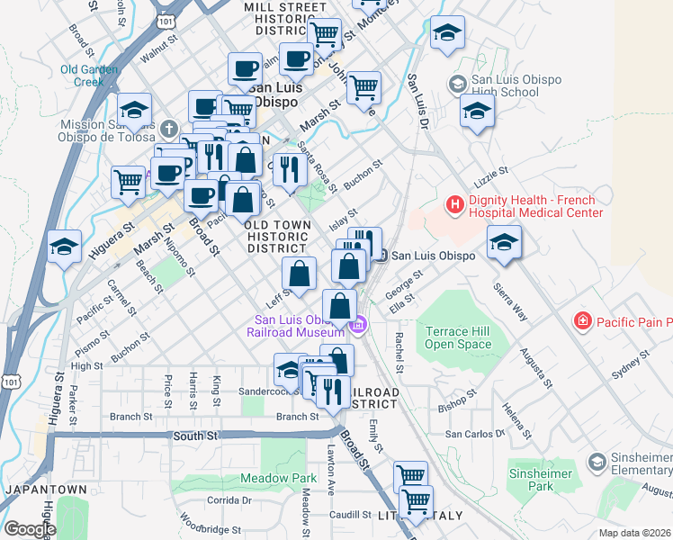 map of restaurants, bars, coffee shops, grocery stores, and more near 972 Church Street in San Luis Obispo